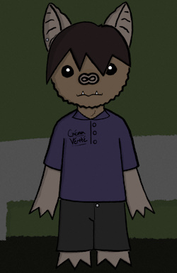 Picture of an Emo looking bat with a purple Cinema uniform.