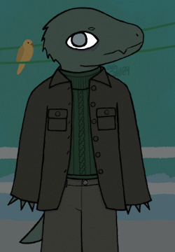 Image of a lizard wearing a jacket and sweater, in front of a dove and water