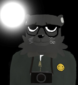 Image of a strange animal wearing glasses with a camera around their neck. They have a smiley face pin