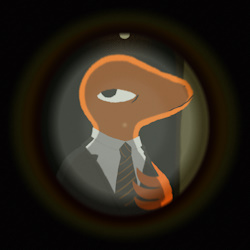 Image of a shady green lizard wearing a suit, seen through a peephole.