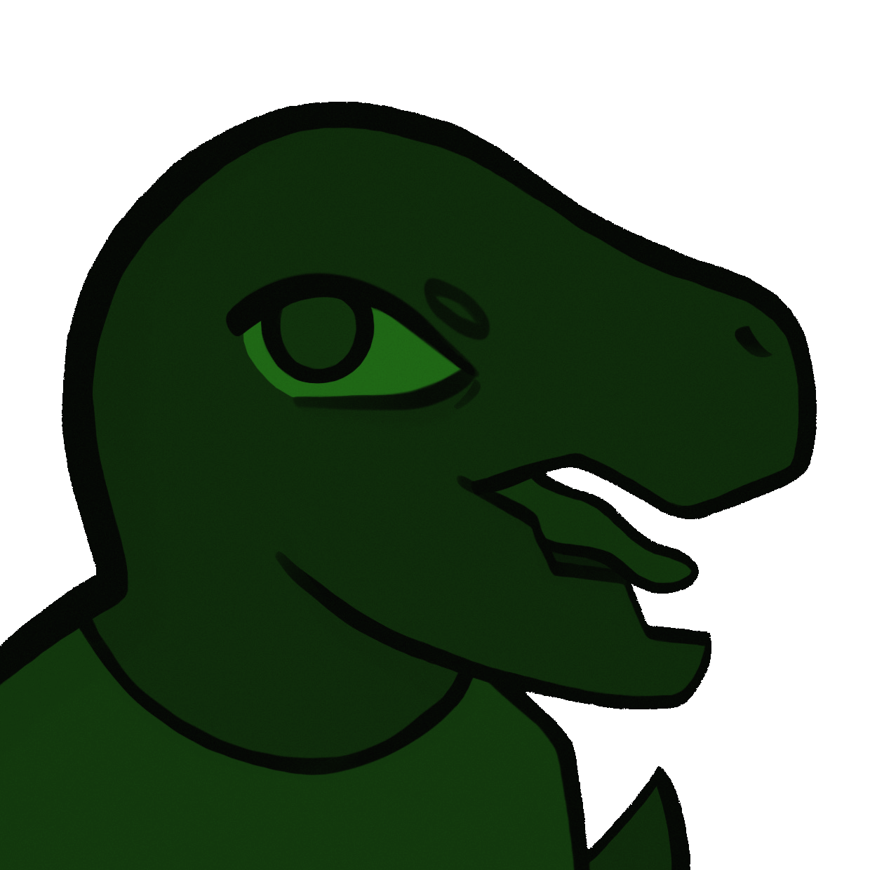 Drawing of a lizard with an open mouth, tongue out, all green